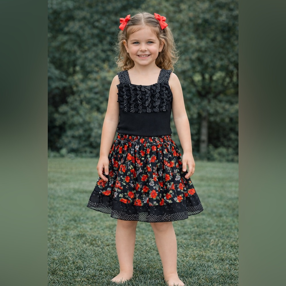 Lipstik Girls 2pc Ruffle Tank & Floral Chiffon Skirt Outfit Roses Lace sz‎ 5 NWT